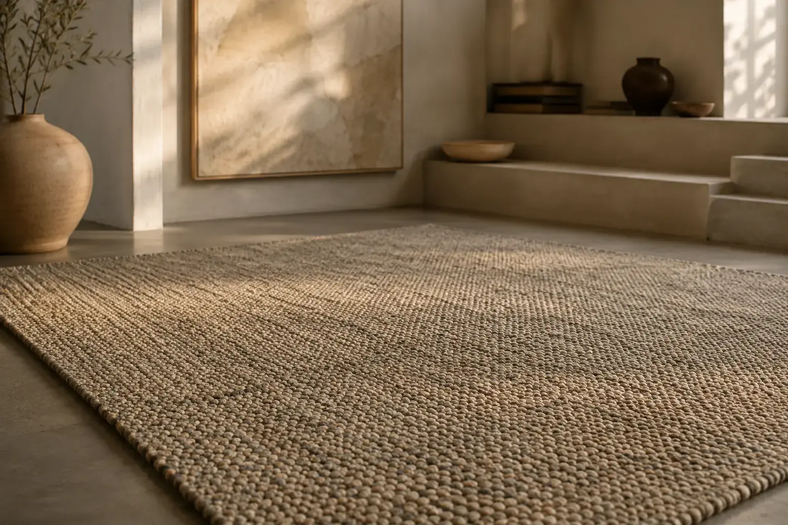 A handcrafted luxury rug anchoring a warm, light-filled interior space in muted tones of cream and gold